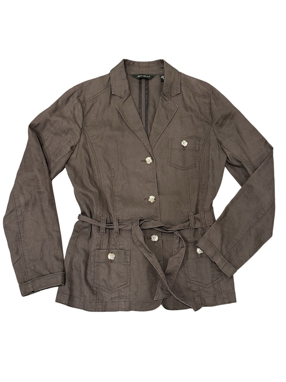 Eddie Bauer 100% Linen Belted Safari Utility Blazer Jacket Brown Tall 6